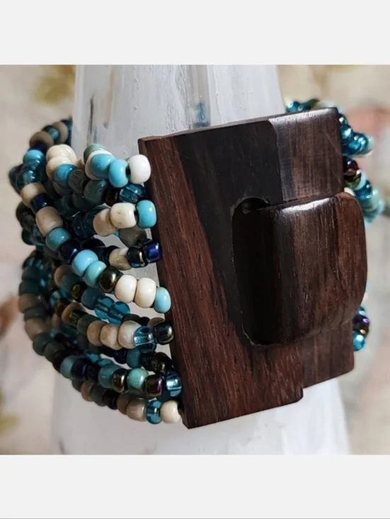 Wood Clasp Seed Beaded Blue Turquoise Cream Twisted Stretch Vintage Bracelet MCM - Picture 1 of 16